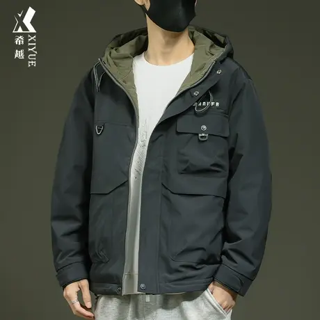 户外工装连帽冲锋衣男冬季潮牌男士外套宽松大码加肥胖子保暖棉衣商品大图