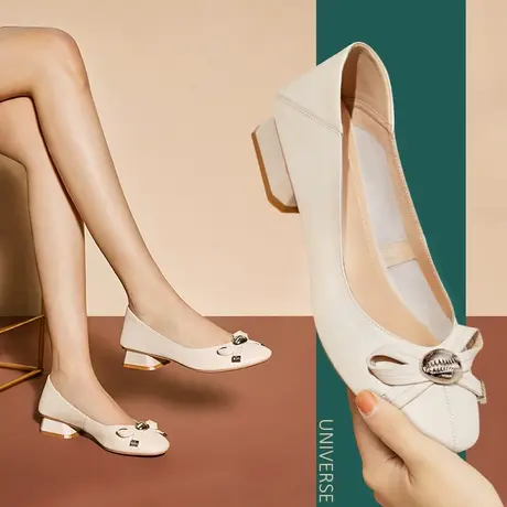 清仓女款鞋子单鞋粗跟中跟方头浅口蝴蝶结女鞋休闲百搭甜美风鞋子商品大图