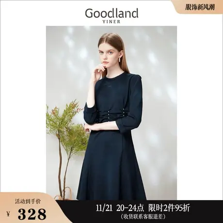 Goodland美地女装2023春季显瘦法式抽褶钉珠中长款收腰连衣裙图片