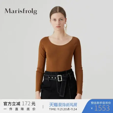 【商场同款】玛丝菲尔秋季新款设计感褐色大圆领修身针织衫图片
