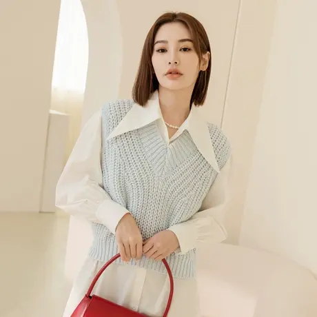 桔熊秋冬季简约保暖叠穿外搭V领无袖毛衣马甲背心女装大码FA2603图片