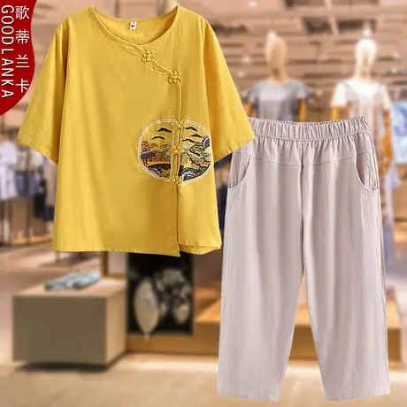 中年妈妈夏装短袖t恤休闲套装大码宽松洋气中老年夏季棉麻两件套商品大图