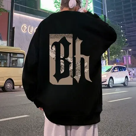 加绒重磅卫衣男2024新款春秋季加厚美式复古潮牌情侣圆领套头外套商品大图