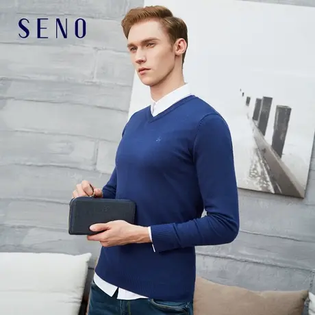 SENO秋冬季针织V领长袖宝蓝色商务韩版套头毛衣男图片