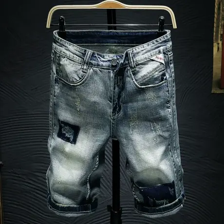 夏季新款陈冠希日系复古做旧潮牌牛仔短裤男破洞五分裤学生中裤潮图片
