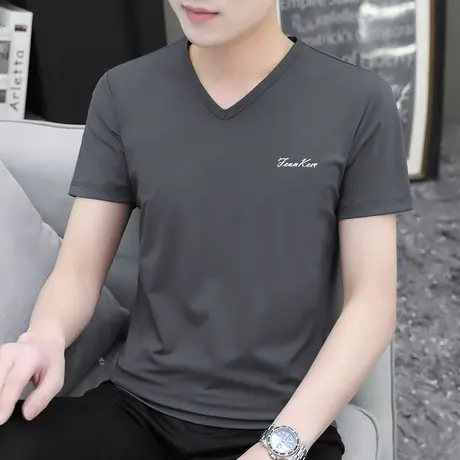 莫代尔棉冰丝t恤男士短袖2025新款V领潮流夏季冰感半袖体恤打底衫商品大图