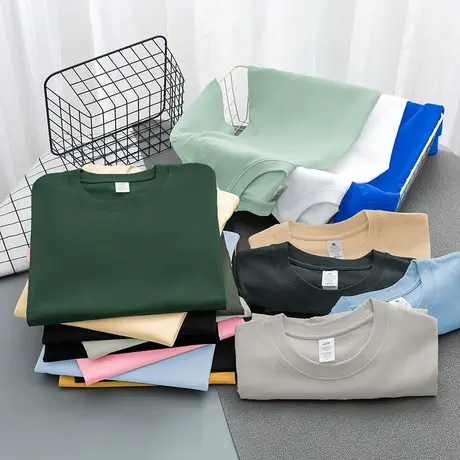 重磅纯棉短袖t恤男女夏季宽松圆领上衣服潮流全棉半袖纯色打底衫商品大图