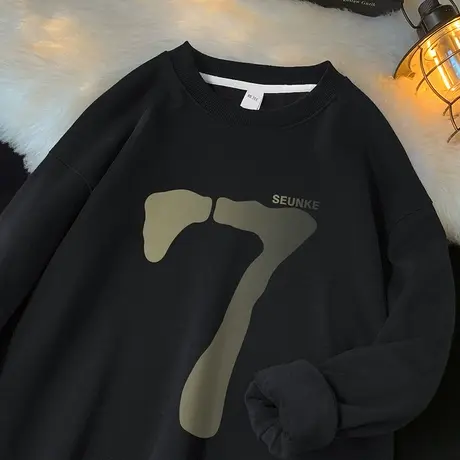 450g美式重磅卫衣男秋冬款摇粒绒加厚无帽长袖t恤黑色圆领打底衫商品大图