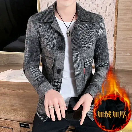 2023秋冬帅气青年格子毛呢夹克男士修身翻领加绒加厚呢子风衣外套商品大图