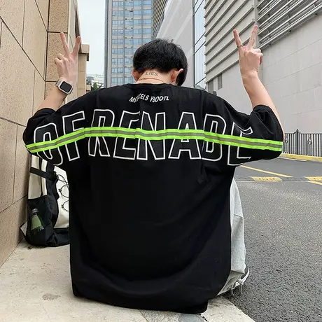 字母圆领短袖t恤夏季新款反光条撞色高街打底衫韩版情侣款上衣服商品大图