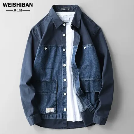 美式休闲蓝色工装多袋牛仔衬衫男式小众设计宽松复古风拼接衬衣潮商品大图