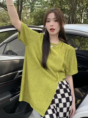 大码短袖T恤褶皱女夏季胖MM不规则开叉设计感遮肉显瘦上衣200斤潮商品大图