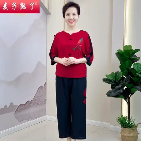 2022妈妈秋款套装阔太太新款小衫T恤洋气上衣中老年人女装两件套商品大图