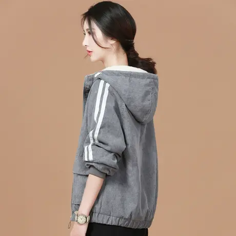 韩潮袭人外套女2023冬装新款加厚加绒连帽灯芯绒仿羊羔毛绒棒球服图片