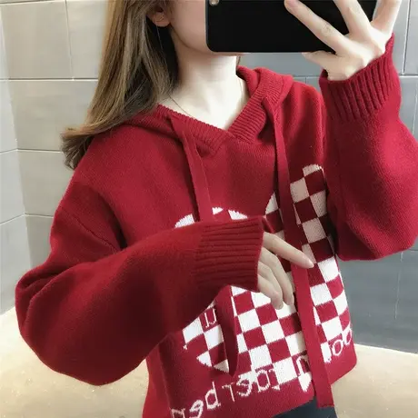 红色毛衣女套头秋冬新款2023爆款时尚洋气上衣针织上衣女连帽外套商品大图