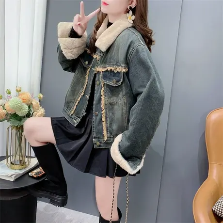 高级感复古加绒加厚牛仔外套女2023年新款秋冬宽松百搭小个子上衣商品大图