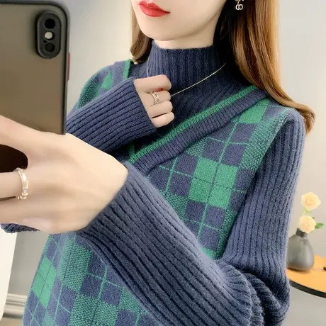 2022年秋冬新款半高领毛衣女拼接假两件套头格子针织衫洋气外穿潮图片