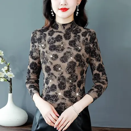 半高领打底衫女春秋2023新款妈妈网纱长袖气质t恤女秋冬内搭上衣商品大图