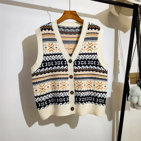 复古条纹针织马甲开衫女2023秋冬新款设计感小众无袖毛衣背心外套商品大图