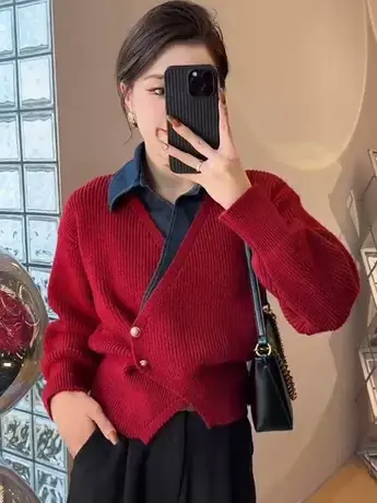 欧货撞色牛仔拼接假两件翻领毛衣女秋冬新款百搭时尚气质针织上衣商品大图