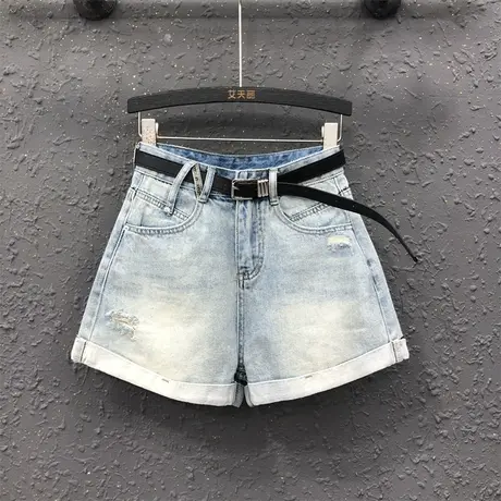 洋气个性复古牛仔短裤女2023春夏新款破洞高腰显瘦A字阔腿裤热裤图片