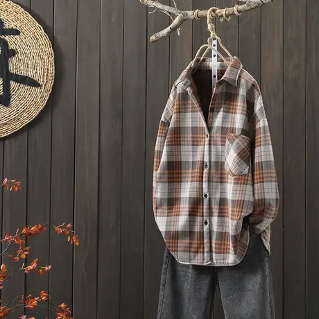 枫谜2020年秋冬新款文艺韩版加绒格子衬衫女保暖打底加厚衬衣上衣商品大图