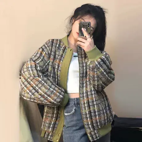 vintage外套女2022春秋宽松韩版ins小香风上衣开衫美式复古棒球服商品大图