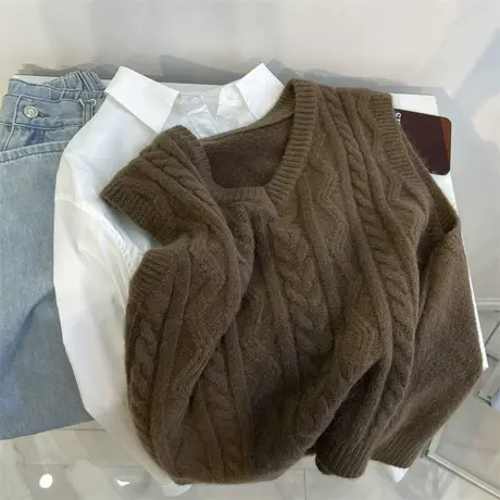 麻花圆领针织加厚马甲女秋冬韩版气质套头针织衫毛衣质感上衣马甲商品大图