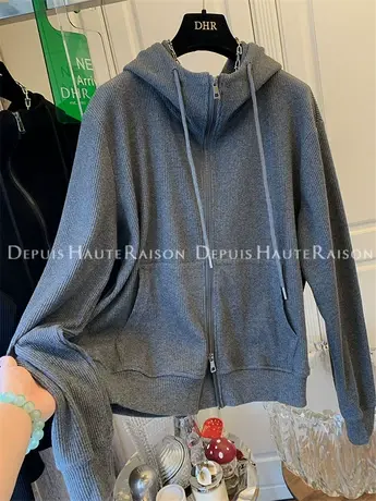 欧美坑条拉链连帽衫卫衣外套上衣女韩版宽松休闲设计感小众秋新款图片