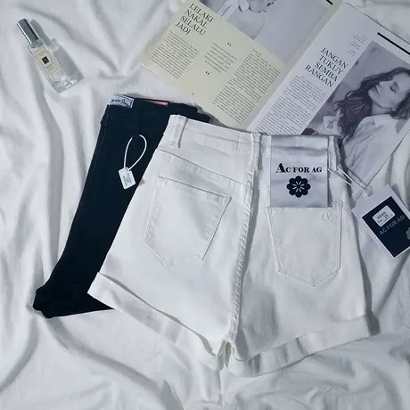 白色牛仔短裤女夏2023新款chic夏天高腰修身显瘦弹力a字短裤女商品大图