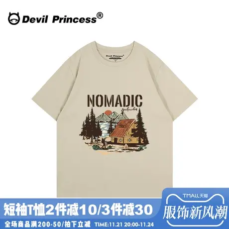 美式复古风大版宽松卡其色短袖t恤女oversize街头潮牌半袖上衣夏商品大图