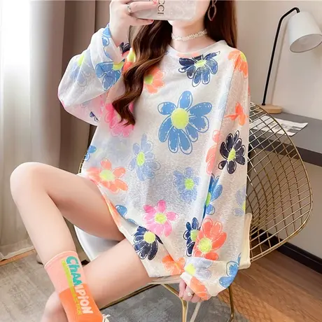 长袖t恤防晒衣女夏季网纱薄款大码女装宽松空调衫罩衫冰丝上衣服商品大图