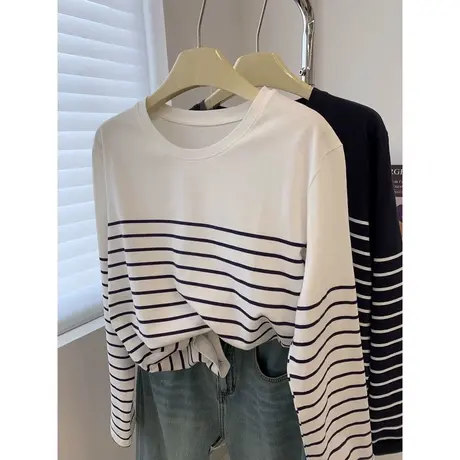 韩系chic港味条纹长袖T恤女秋装宽松显瘦打底衫纯棉洋气上衣服潮图片