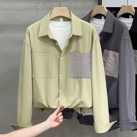 工装衬衫男长袖纯棉拼接高级感秋装上衣服男士衬衣外套春秋季新款商品大图