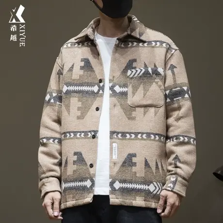 希越羊毛夹克男民族风复古衬衫外套秋冬宽松大码日系潮流慵懒衬衣商品大图
