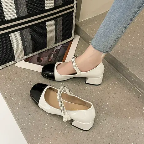 鞋子女2023年新款珍珠单鞋复古小香风玛丽珍鞋粗跟中跟小皮鞋春秋商品大图