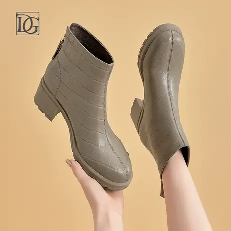 高级感软羊皮短靴女粗跟新款秋冬中跟真皮单靴短筒靴子皮靴图片