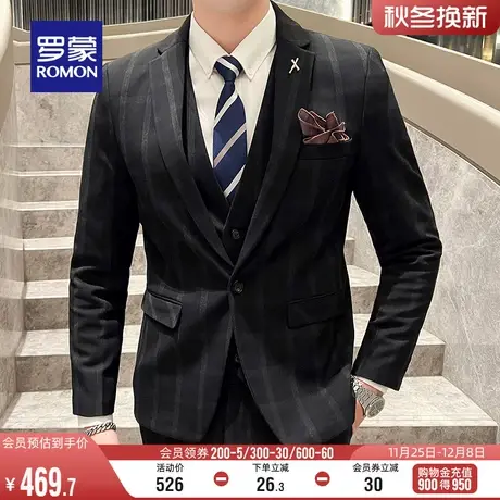 罗蒙男士西服套装2024春季新款商务新郎结婚礼服条纹三件套西装男图片
