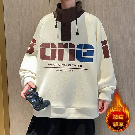 秋冬季青少年双面字母奥粒绒卫衣大童加绒加厚高领外套学生T恤衫商品大图