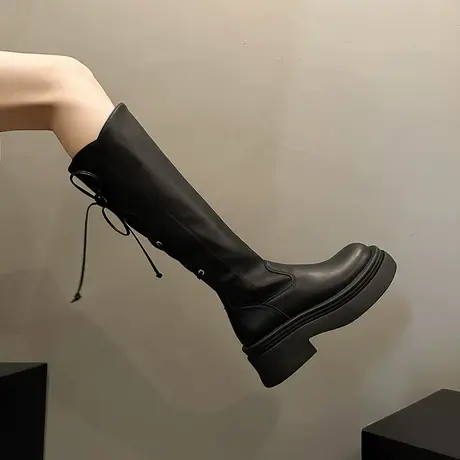 不过膝长筒靴女秋冬粗腿复古高筒系带骑士靴子厚底瘦瘦小个子长靴图片