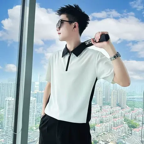 短袖t恤男夏季小众潮牌拼接设计感网红ins潮男休闲半袖上衣polo衫商品大图