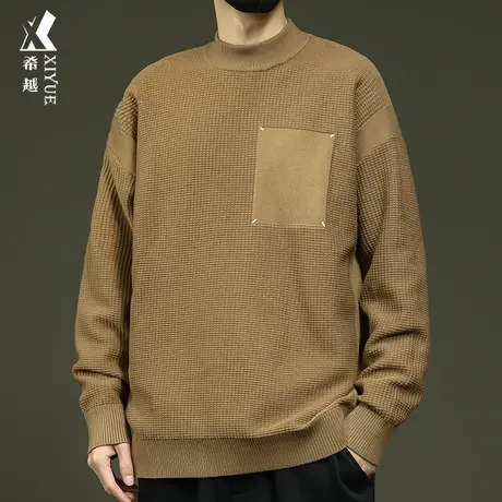 希越冬季保暖加厚针织衫男秋冬款宽松大码男士拼接口袋打底衫毛衣商品大图