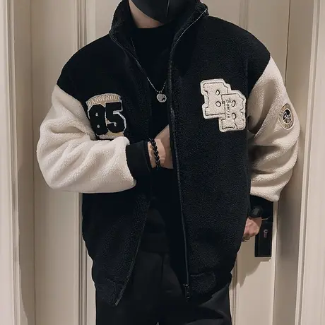 设计感美式字母刺绣摇粒绒棉衣外套男冬季学生休闲加厚羊羔毛棉服图片