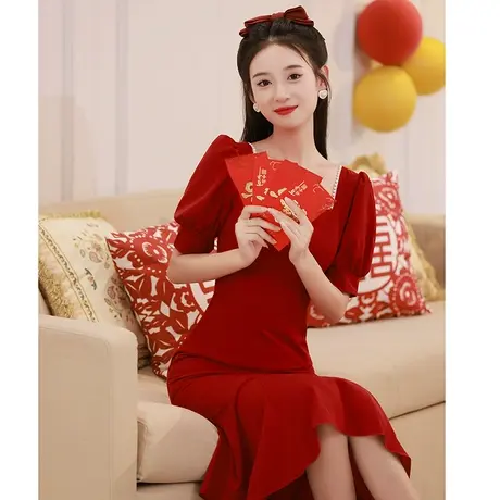 鱼尾敬酒服新娘酒红色修身小个子法式礼服女夏季缎面订婚连衣裙商品大图