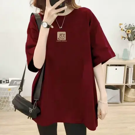 打底衫酒红色oversize复古短袖T恤女纯棉龙年新款国潮宽松上衣潮商品大图
