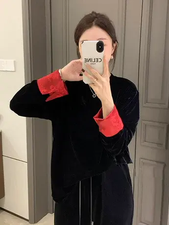 新中式设计感小众时尚百搭长袖丝绒衬衫女复古拼接圆领气质上衣春商品大图