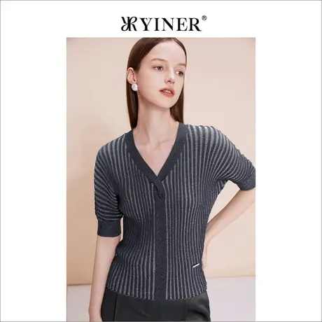 YINER音儿女装夏季女装法式优雅时尚银葱闪丝V领针织衫商品大图