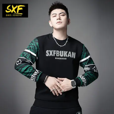 SXF圣希梵男士卫衣 2022新款拼接印花烫钻绿色潮牌秋冬男款上衣服商品大图