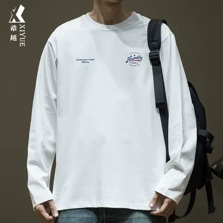 希越美式字母印花长袖T恤男2024春季新款宽松大码男士纯棉打底衫商品大图