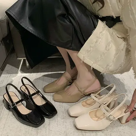 包头凉鞋女仙女风2024夏季新款粗跟法式一字扣带中跟玛丽珍单鞋女商品大图
